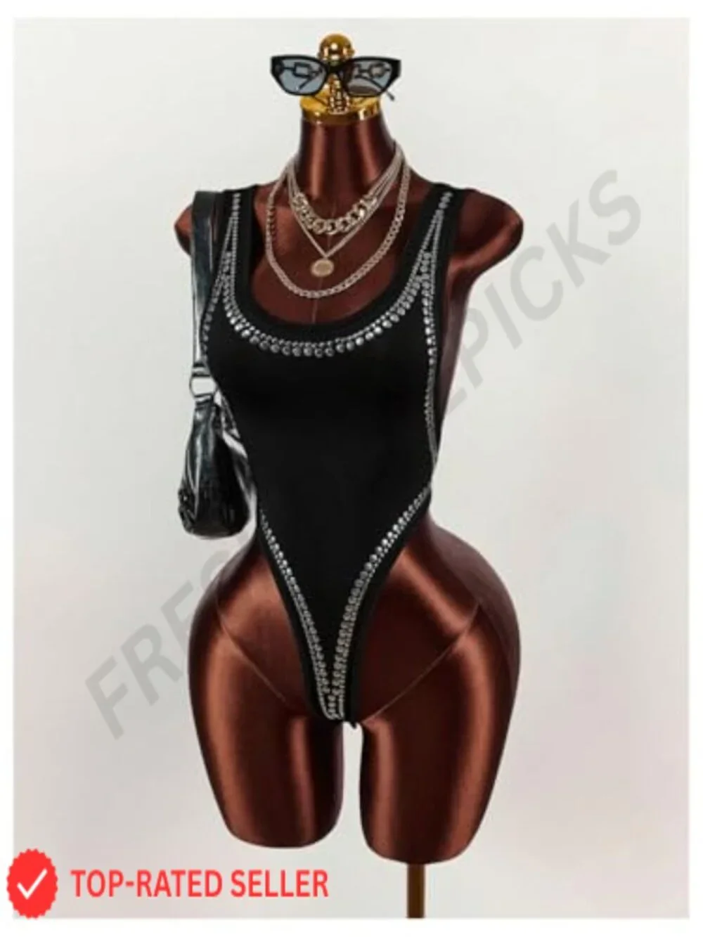 Studded Thong Bodysuit Glitter Backless Leotard Sleeveless Party Top